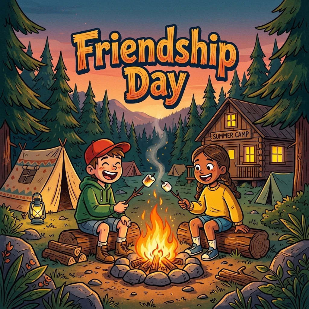 Cute Friendship Day digital greeting card with friends around campfire - send surprises with Holdy on July 30