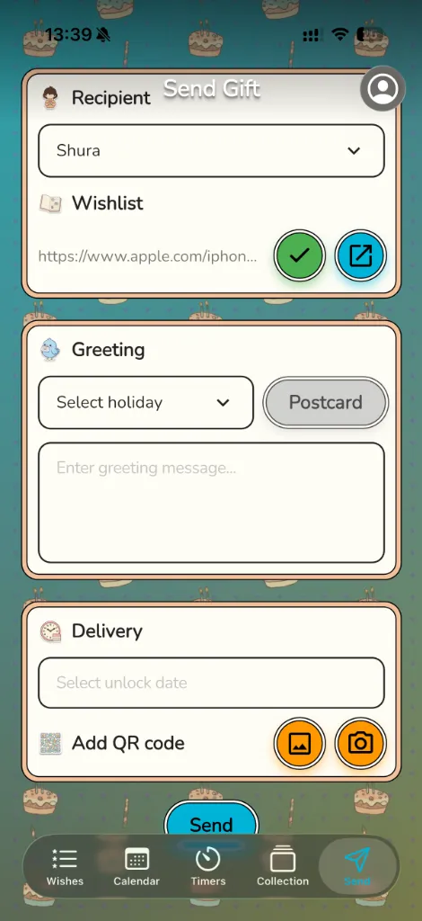 Holdy App Send Gift Screen